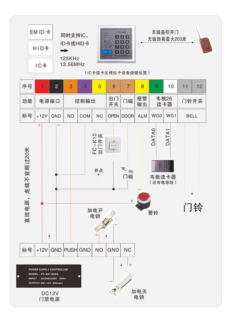 FC-198E鍵盤門禁一體機接線圖