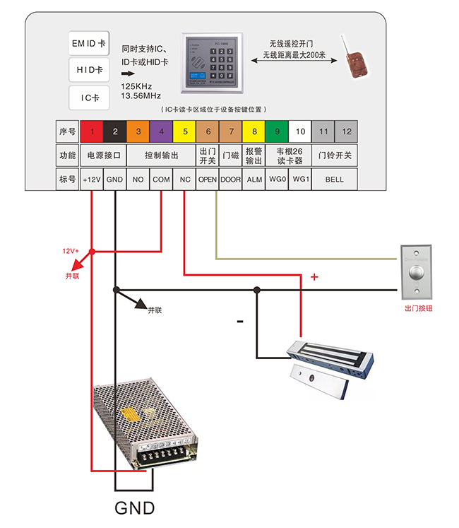 門(mén)禁一體機(jī)與電源電鎖的接線