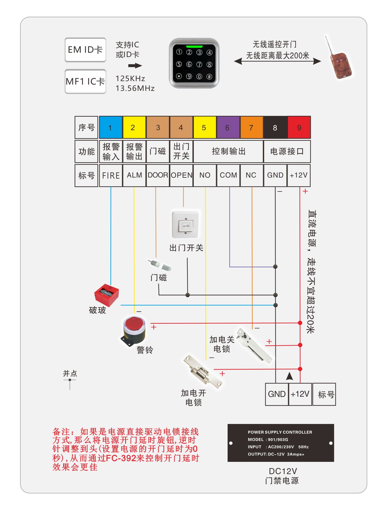 按鍵門(mén)禁一體機(jī)的接線圖